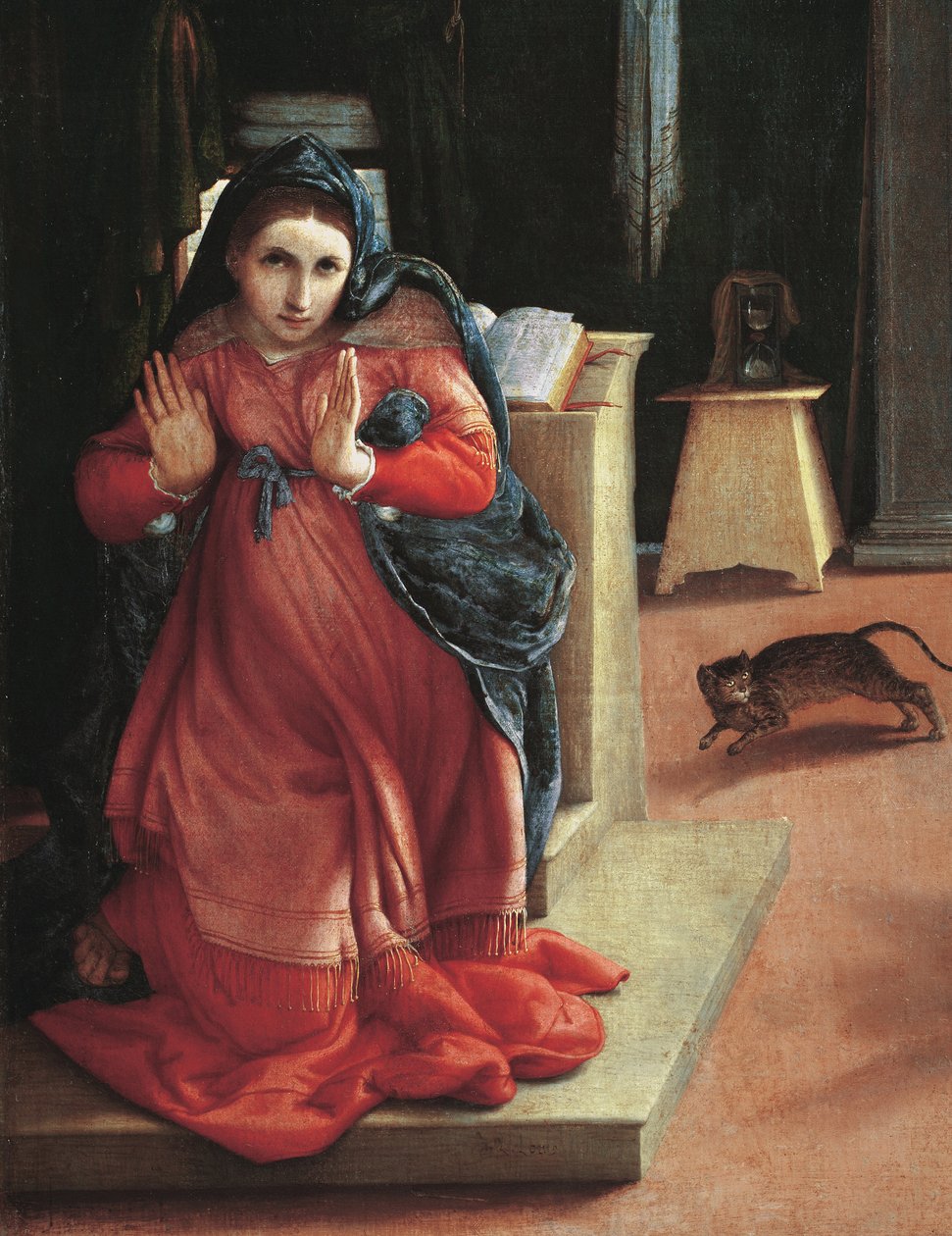 Bebådelsen”” Detalj av Jungfrumålningen av Lorenzo Lotto (1480-1556) 1535 Pinacoteca Civica, Recanati, Italien av Lorenzo Lotto