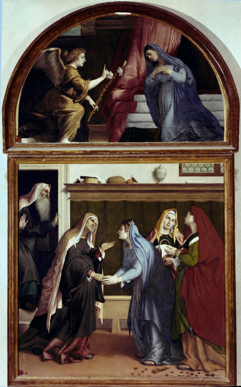 Bebådelsen. Del av visitationens altartavla (olja på panel av Lorenzo Lotto