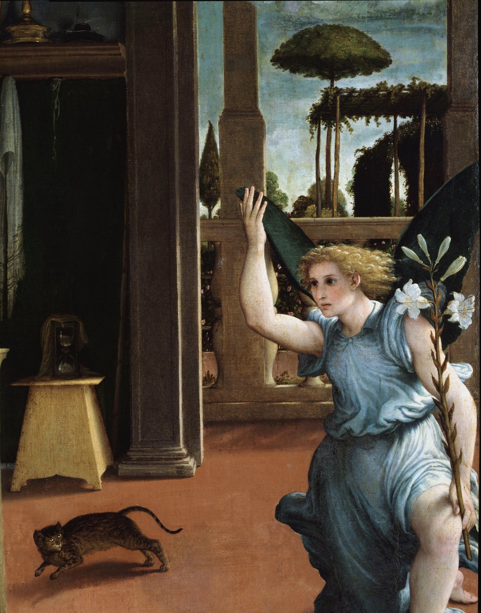 Bebådelsen, detalj av ängeln av Lorenzo Lotto