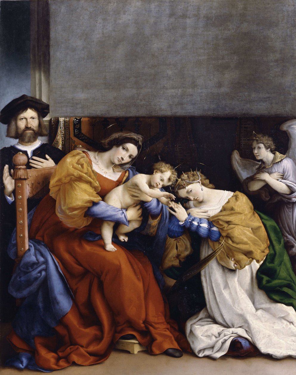 Saint Catherines mystiska äktenskap med donatorn Niccolò Bonghi, 1523. av Lorenzo Lotto