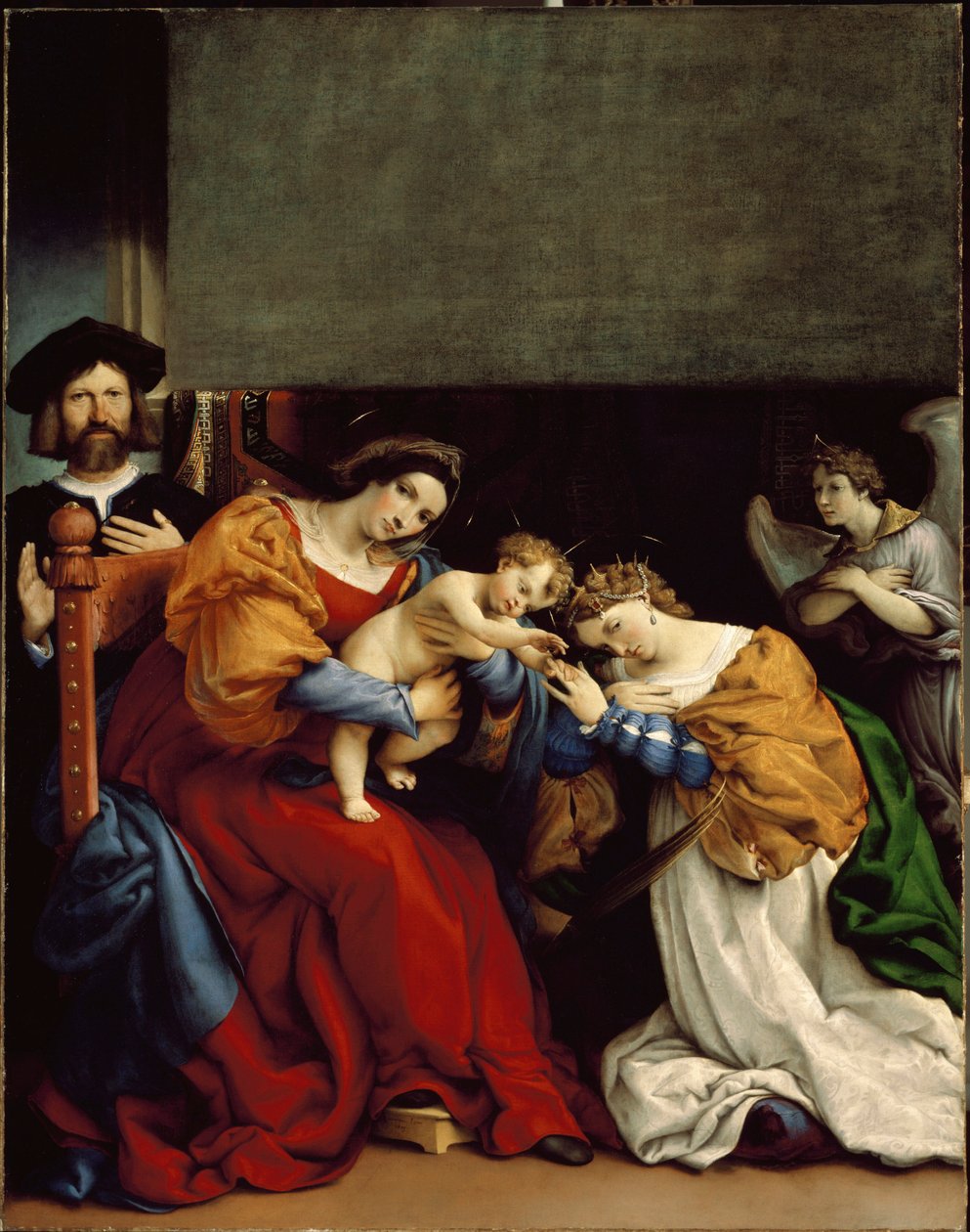 St. Katarinas mystiska bröllop Det mystiska bröllopet av St. Katarina av Alexandria” Till vänster Niccolo Bonghi, målarens hyresvärd. Målning av Lorenzo Lotto (ca 1480-1556) 1523 Dim. 189 x 134 cm Bergamo, Accademia Carrara av Lorenzo Lotto