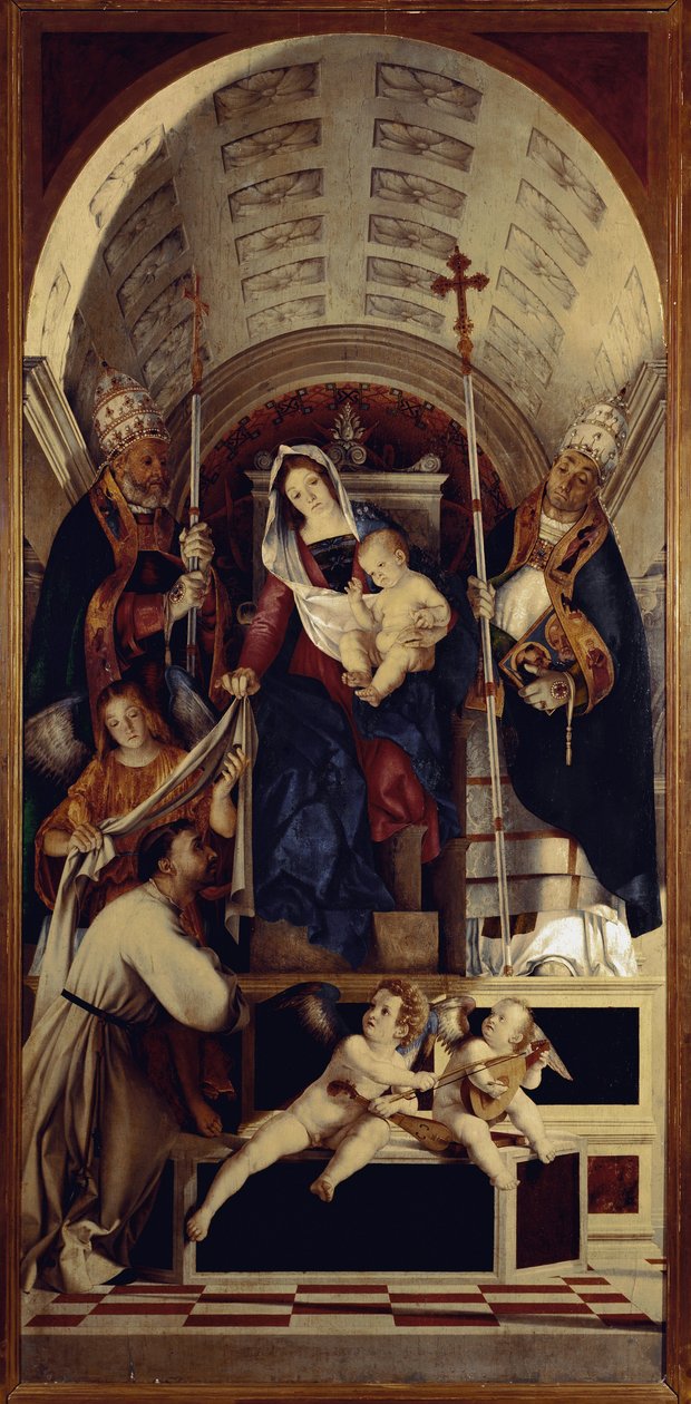 Jungfrun och barnet med Saint Dominica, Saint Gregoire och Saint Urban - Central del av Recanati polyptic (1508, olja på trä) av Lorenzo Lotto