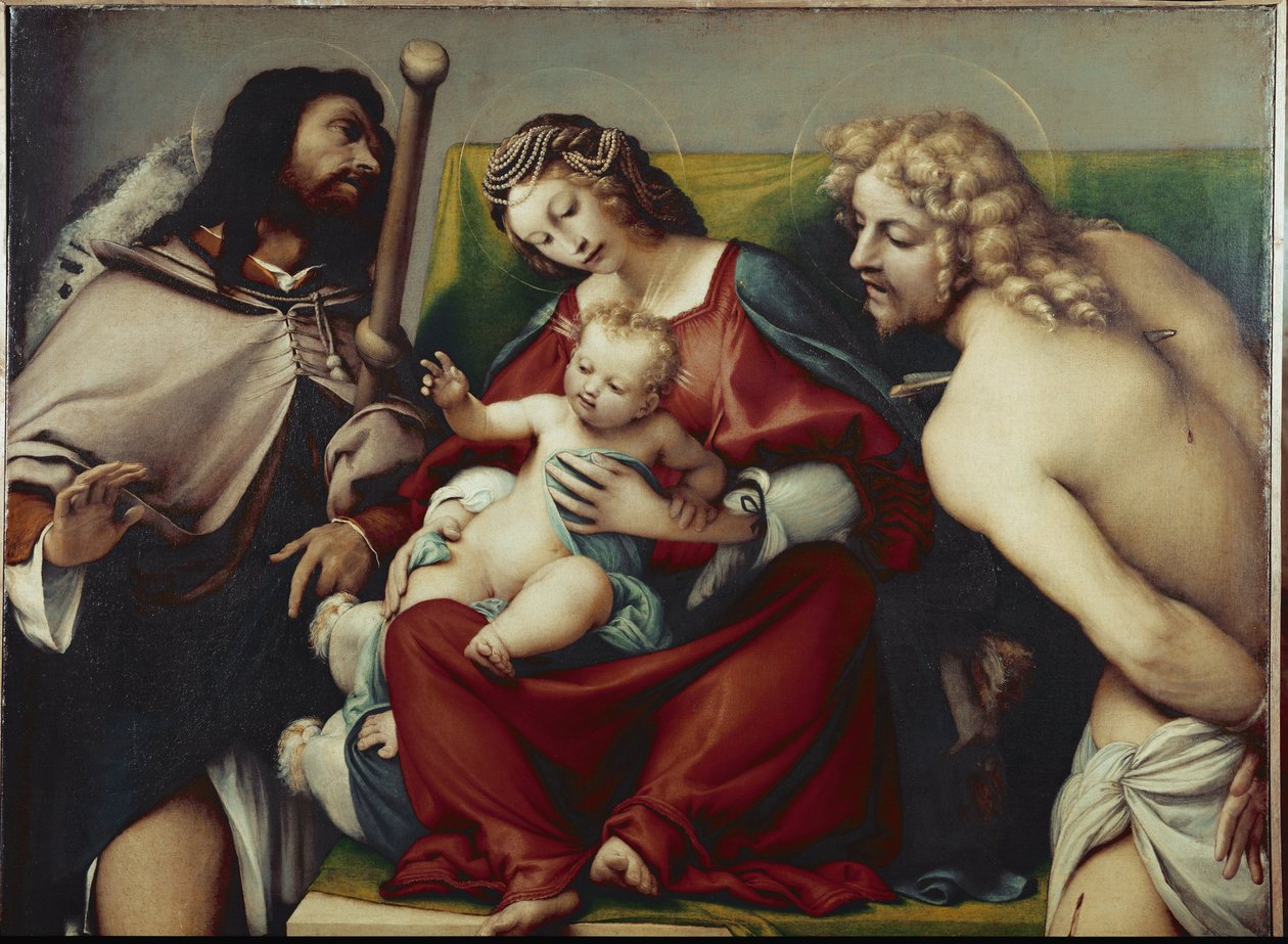 Jungfrun och barnet med St Roch och St Sebastian (cirka 1518, olja på duk) av Lorenzo Lotto