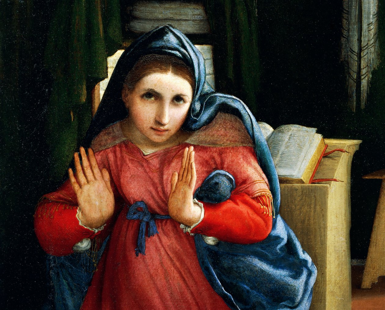 Jungfrun tillkännagav, detalj från tillkännagivandet, ca 1434, av Lorenzo Lotto (1480-1556), olja på duk av Lorenzo Lotto