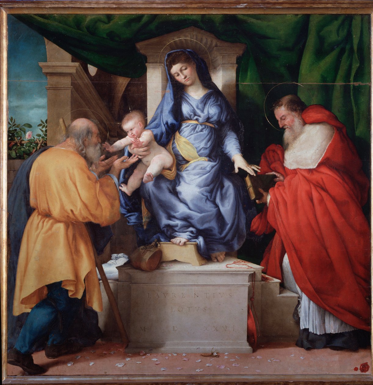 Jungfru med barn med den helige Jerome och den helige Josef (kallad Madonna delle Rose) - Målning av Lorenzo Lotto