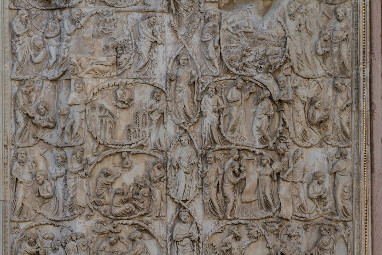 Jesse-träd och messianska profetior, Stories of Genesis, basreliefer av Lorenzo Maitani (före 1275-1330), andra pelaren, fasaden på Orvieto-katedralen, Umbrien, Italien av Lorenzo Maitani
