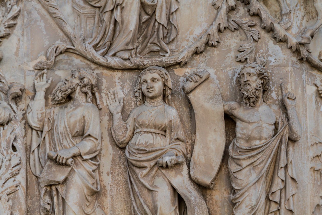Profeter, detalj från Jesse-trädet och messianska profetior, Berättelser om Genesis, basreliefer av Lorenzo Maitani (före 1275-1330), andra pelaren, fasaden på Orvieto-katedralen, Umbrien, Italien av Lorenzo Maitani