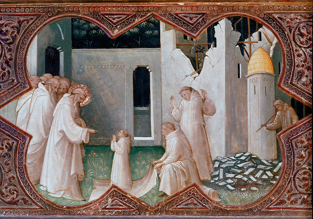 Altartavla för Jungfruns kröning: "Saint Benedict of Nursie resurrecting a monk" Detrempe på trä av Piero di Giovanni dit Lorenzo Monaco (1370-1424) 1413 Florens, Uffizierna av Lorenzo Monaco
