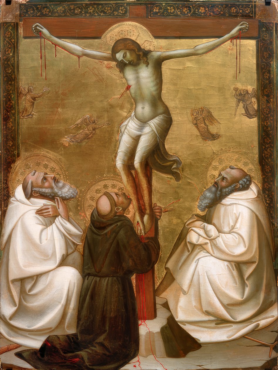 Kristus på korset med St. Benedictus, Franciskus och Romuald av Lorenzo Monaco