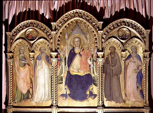 Madonna och barn tronade med SS. Lucy, John Gualberto, Benedict och Catherine, polyptyk 1413 av Lorenzo Monaco