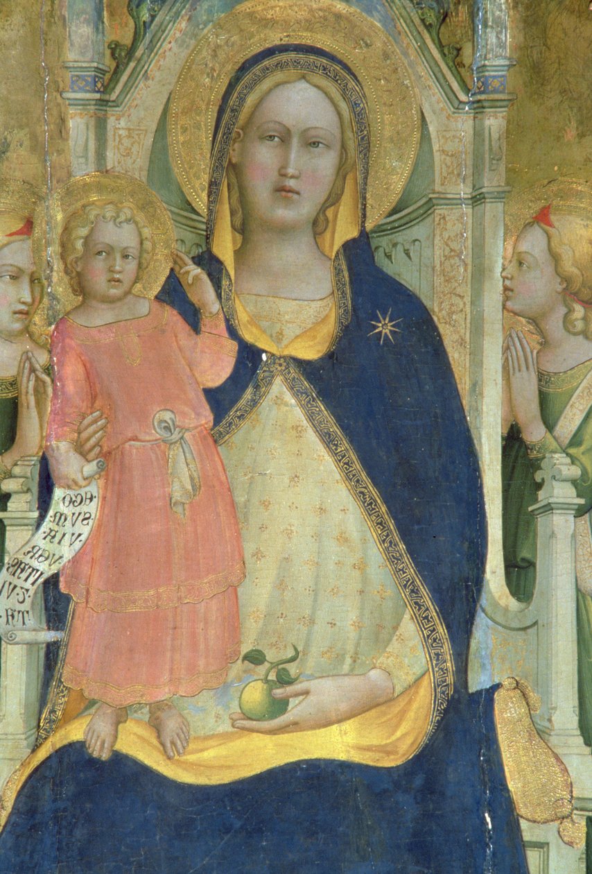 Madonna och barnet tronade med heliga, detalj som visar Madonnan och barnet, polytych, 1413 av Lorenzo Monaco