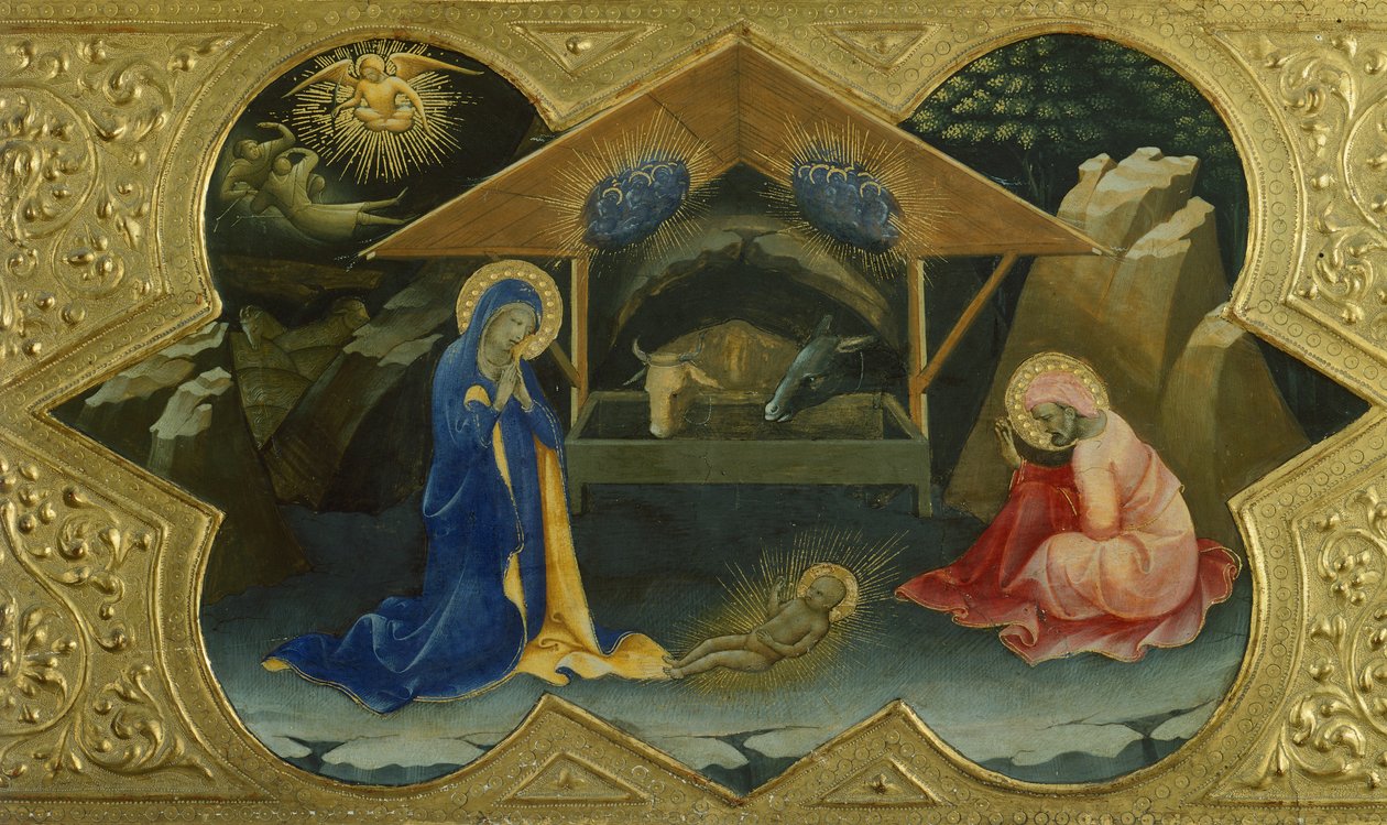Nativity, scen från Predella of Coronation of Virgin av Lorenzo Monaco (ca 1370-1425), tempera på panel, 32x53 cm av Lorenzo Monaco