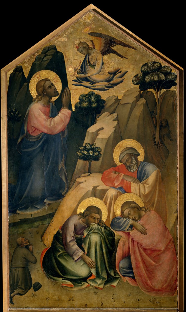 Bön i Olivträdgården Kristus i bön ser ängeln som bär honom den heliga gralen och tillkännager hans död. Peters, Johannes och Jakobs apoters sover. Målning på trä av Lorenzo Monaco (ca 1370-ca 1423/1424) Florence, Galler av Lorenzo Monaco