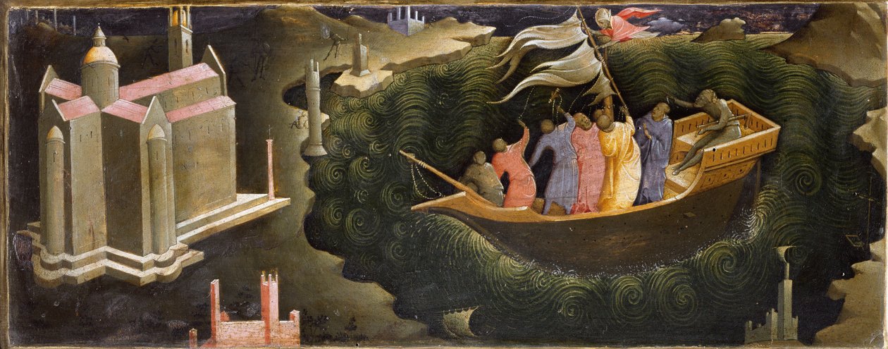 Representation av Saint Nicholas som lugnar Tempete Nicolas de Myra (eller Nicolas de Bari) som räddar en båt från förlisningen. Målning på trä av Lorenzo Monaco (ca 1370-ca 1423/1424) Florens, Galleria del 