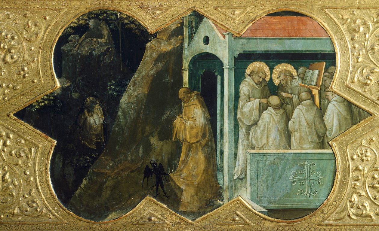 Sankt Benedictus frestas av djävulen och Sankt Bernardino i konsistoriet, detalj av predella av Jungfrukröning av Lorenzo Monaco (1370-1423), tempera på panel, 450x350 cm, Polyptyk för högaltare i klostret Santa Maria degli Angeli, Florens av Lorenzo Monaco