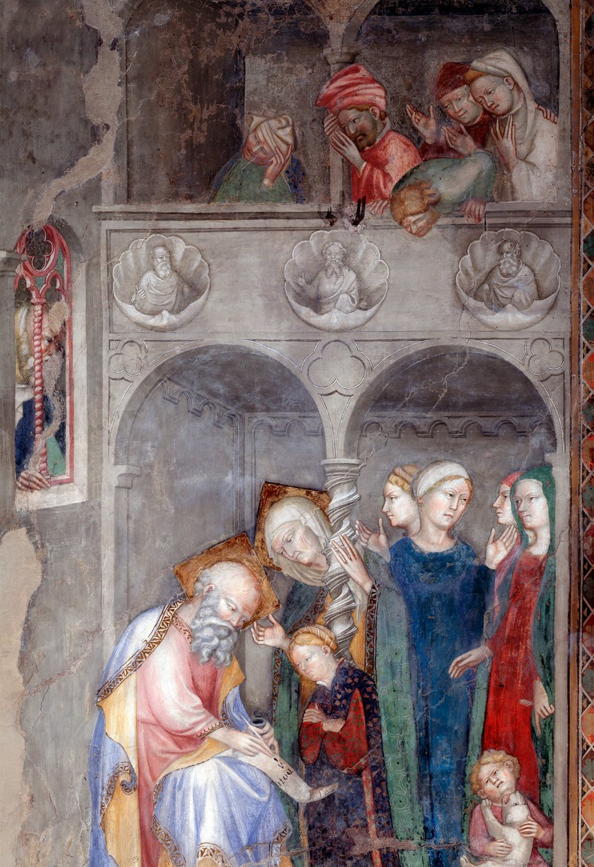 Ärkeängeln Gabriel tillkännager födelsen av Johannes Döparen till Sakarias och Elisabeth, detalj (fresko av Lorenzo Salimbeni