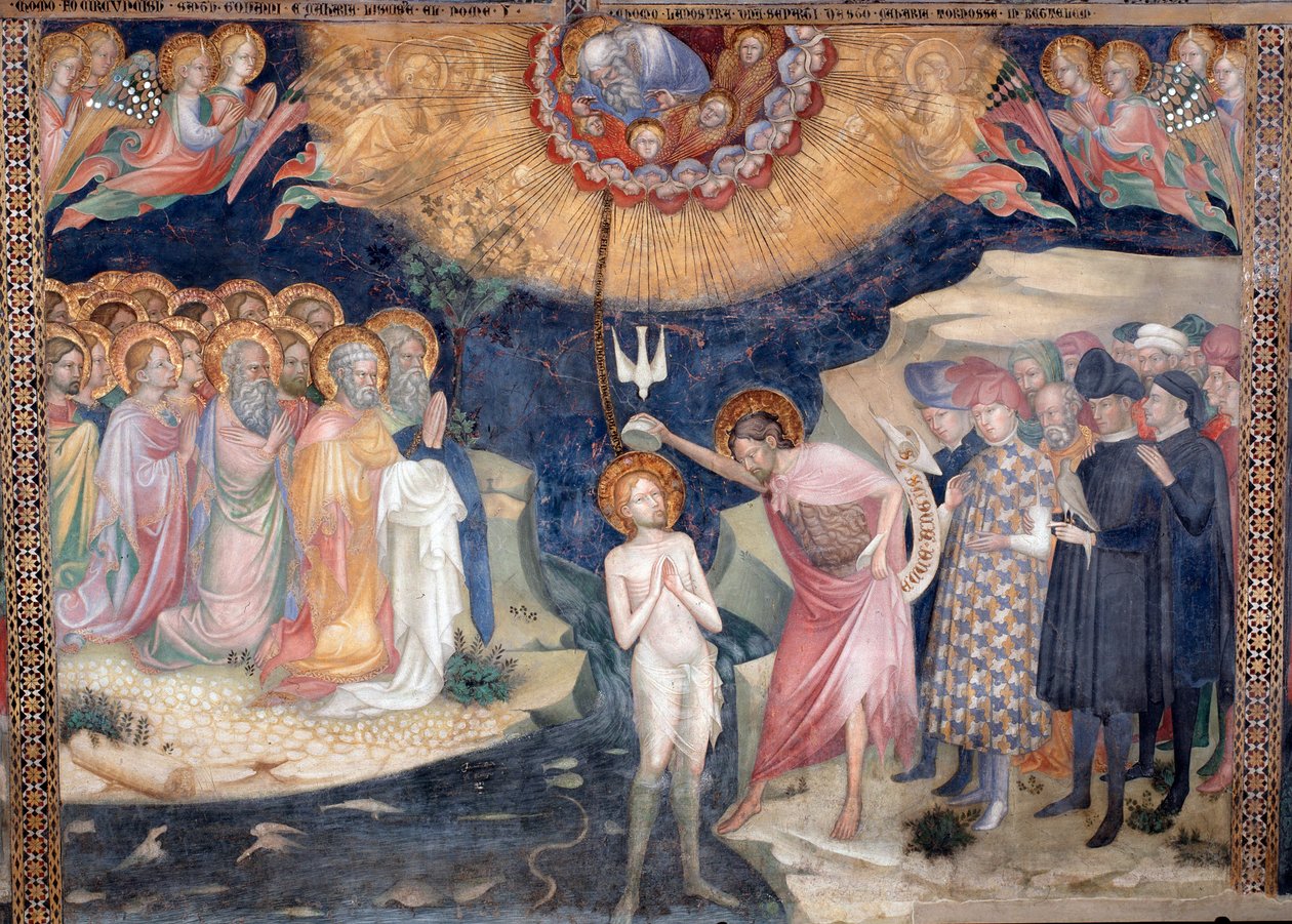 Johannes döparen döper Jesus, med en representation av den heliga treenigheten (fresko av Lorenzo Salimbeni