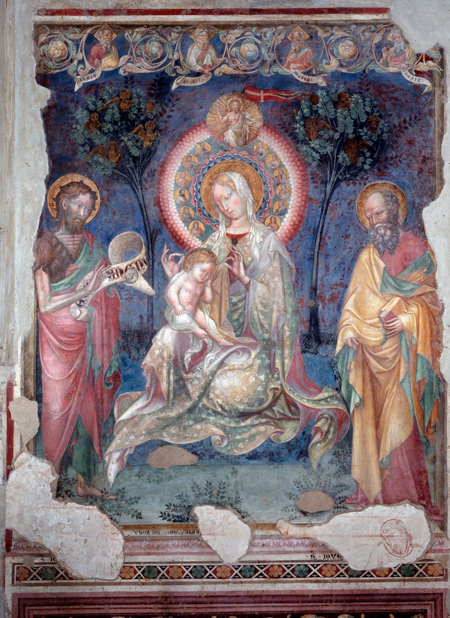 Jungfru med barn omgiven av aposteln Jakob och Johannes Döparen (fresko av Lorenzo Salimbeni