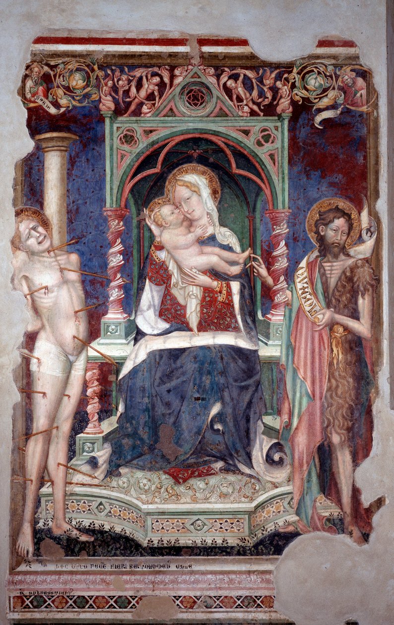 Jungfru med barn omgiven av St Sebastian och St John Baptist (Fresco av Lorenzo Salimbeni