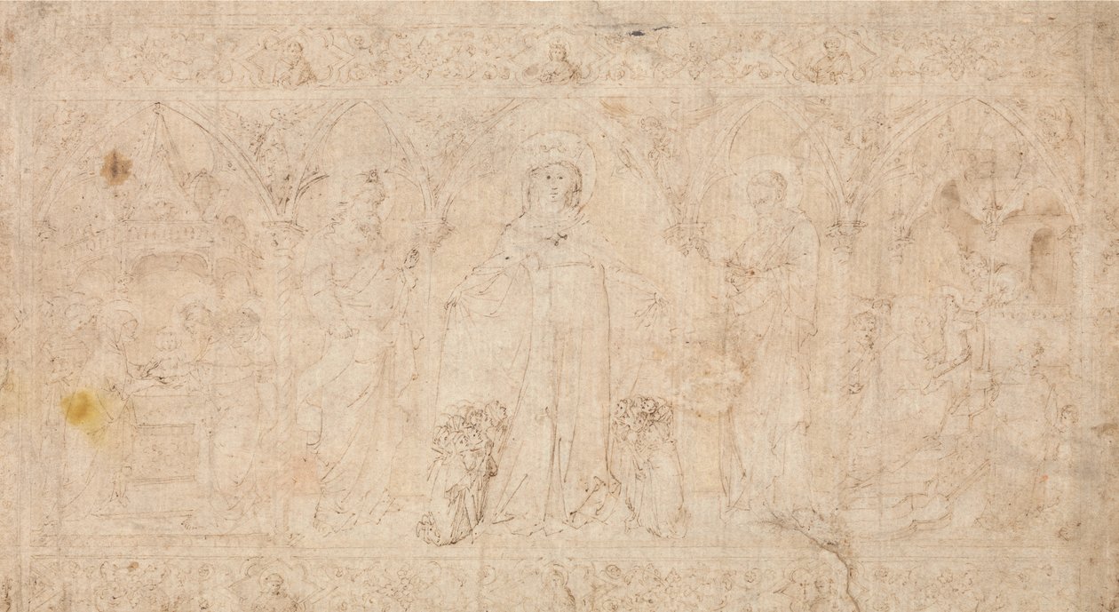 Design för ett antependium: Madonna della Misericordia med de heliga Johannes Döparen..., ca.1370. av Lorenzo Veneziano.