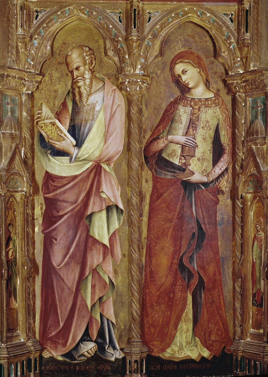 Sankt Johannes evangelisten och Sankta Maria Magdalena - Detalj av polyptiken av bebådelsen (1357, tempera och bladguld på trä) av Lorenzo Veneziano