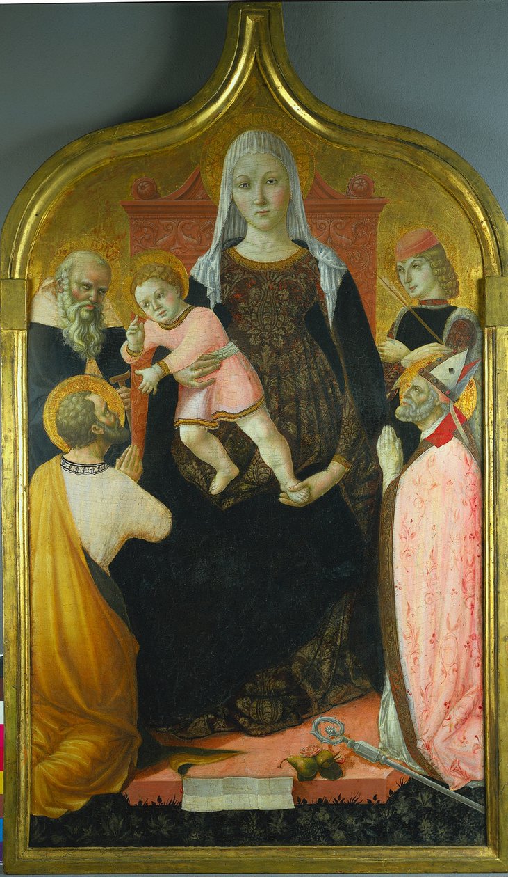 Jungfru och barn, med heliga Anthony Abbott, Mark, Severino och Sebastian, ca. 1490-96 av Lorenzo dAlessandro da Severino II