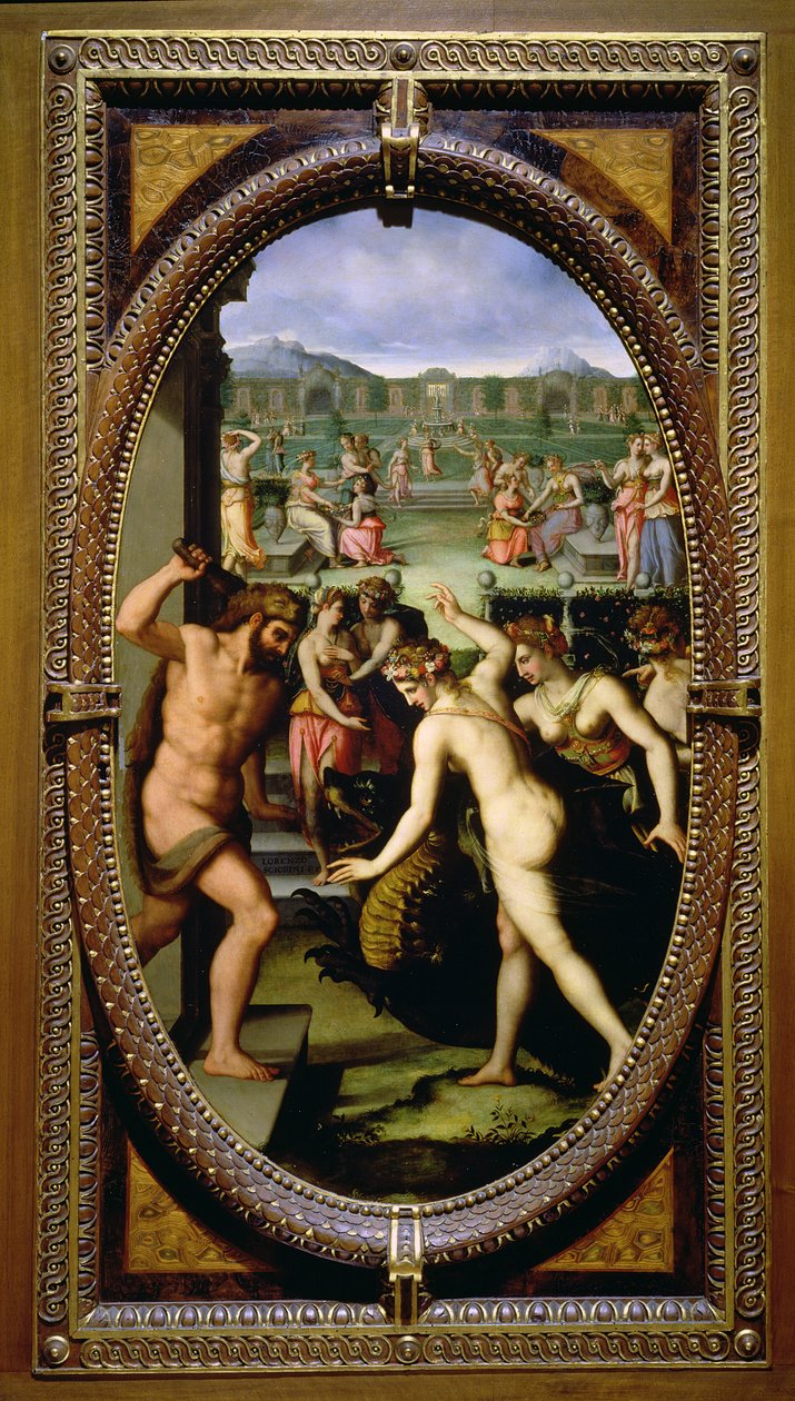 Herkules dödar Hesperidernas drake, 1572 (olja på skiffer) av Lorenzo dello Sciorina