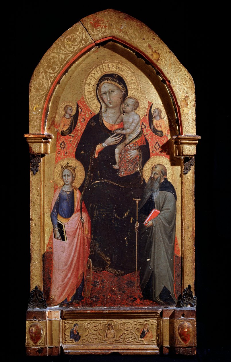Jungfru och barn med Sankta Katarina av Alexandria, Sankt Antonius den store och änglar Målning av Bicci di Lorenzo (1373-1452) 1415 ca. Dim 90,4x43,5 cm Assisi, Museo del Tesoro della Basilica di San Francesco av Lorenzo di Bicci