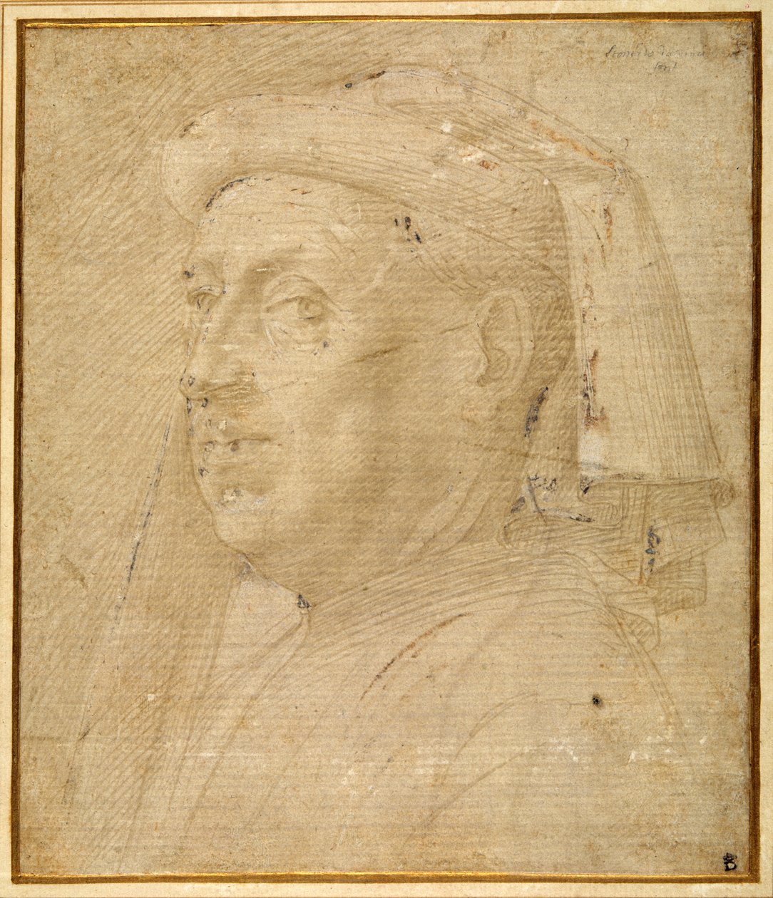 Byst av en man som bär en chaperon (metallspets förhöjd med vitt på papper) av Lorenzo di Credi