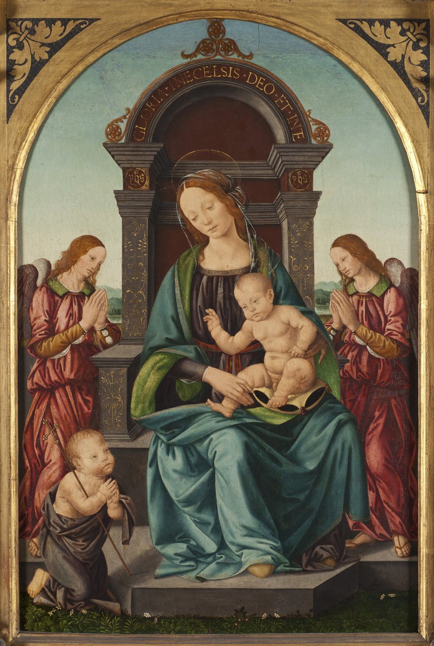 Madonnan och barnet med spädbarnet Sankt Johannes Döparen och två änglar - Madonnan och barnet med spädbarnet Sankt Johannes och två änglar, av Lorenzo di Credi (1459-1537). Olja på trä. Mått: 66,5x43,5cm. Nationalmuseum Stockholm av Lorenzo di Credi