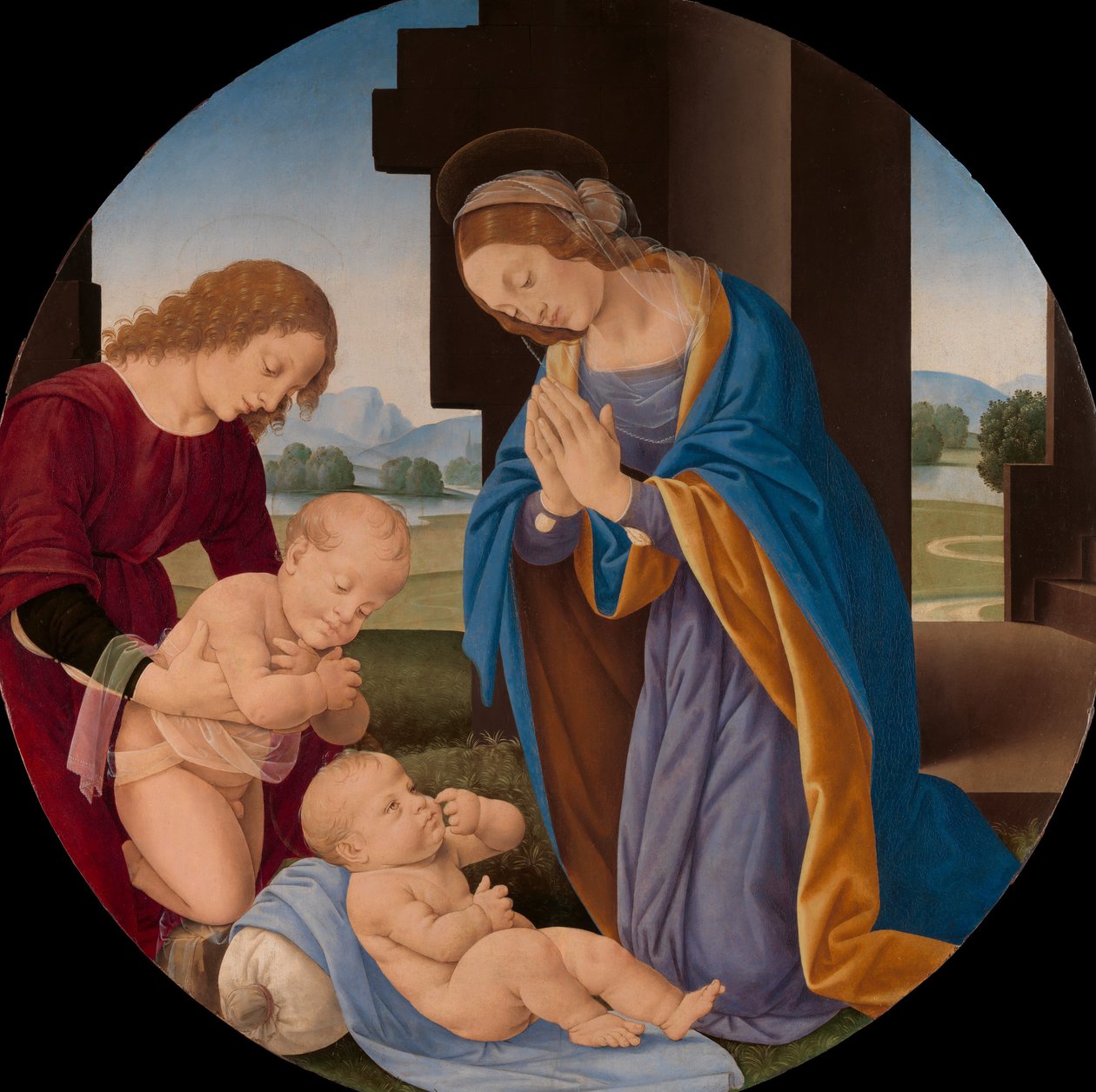Madonna dyrkar barnet med spädbarnet Johannes döparen och en ängel, tidigt 1490-tal. av Lorenzo di Credi