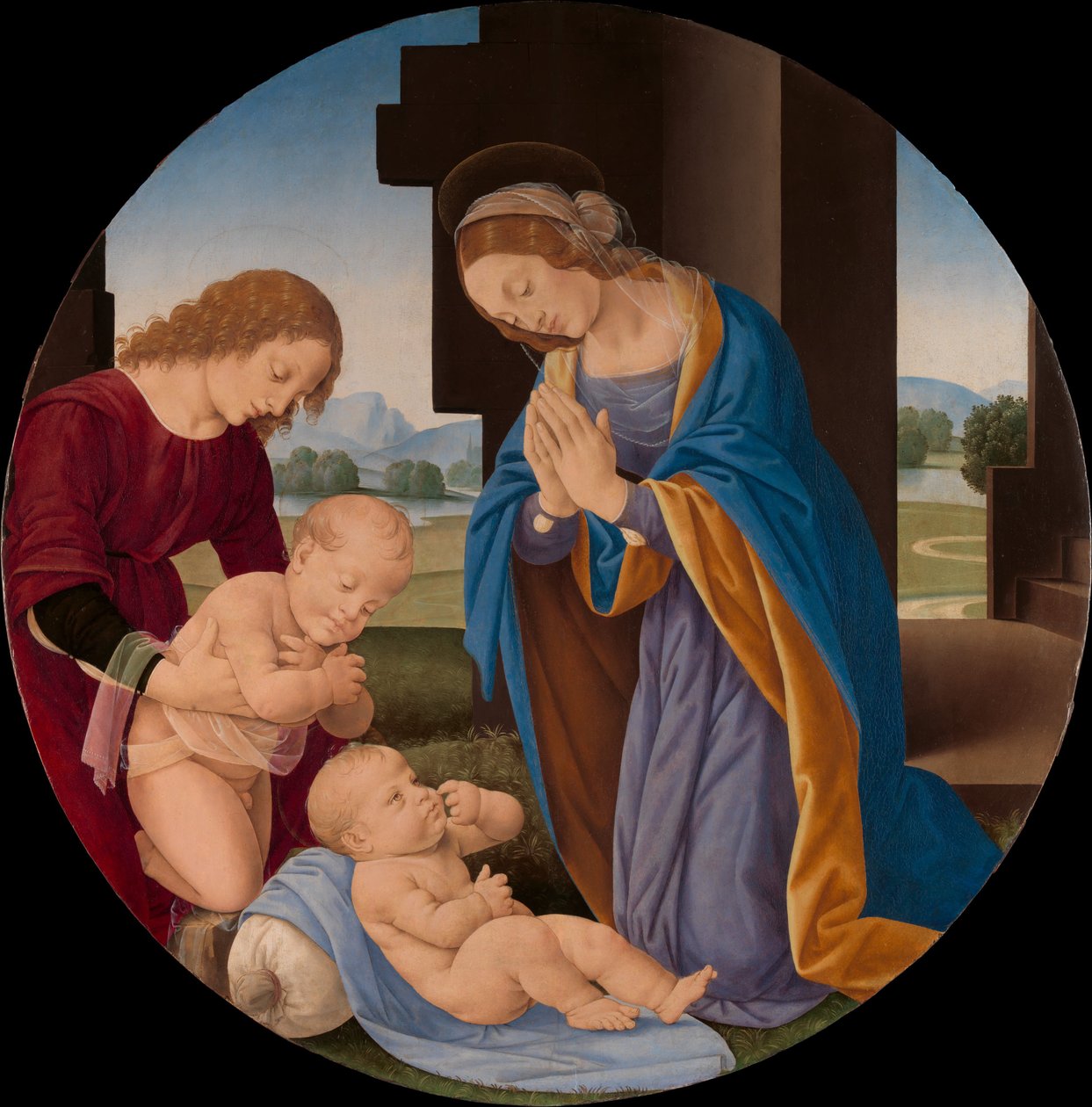 Madonna Adoring the Child med spädbarnet Johannes Döparen och en ängel, ca 1492 (tempera på trä) av Lorenzo di Credi