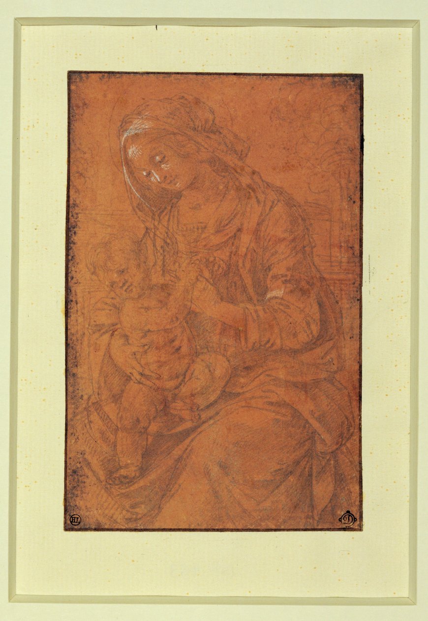 Madonna. Silverpenna, förstärkt i vitt på laxrosa papper... av Lorenzo di Credi