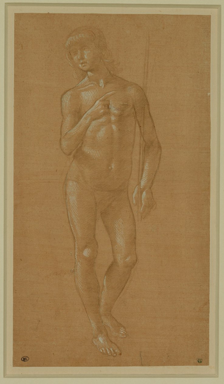 Naken ung man, helfigur, håller i en stav Silverspets, förhöjd i vitt, ljusrosa papper ... av Lorenzo di Credi