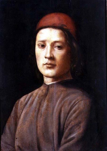 Porträtt av en ung man med röd keps (olja på panel) av Lorenzo di Credi