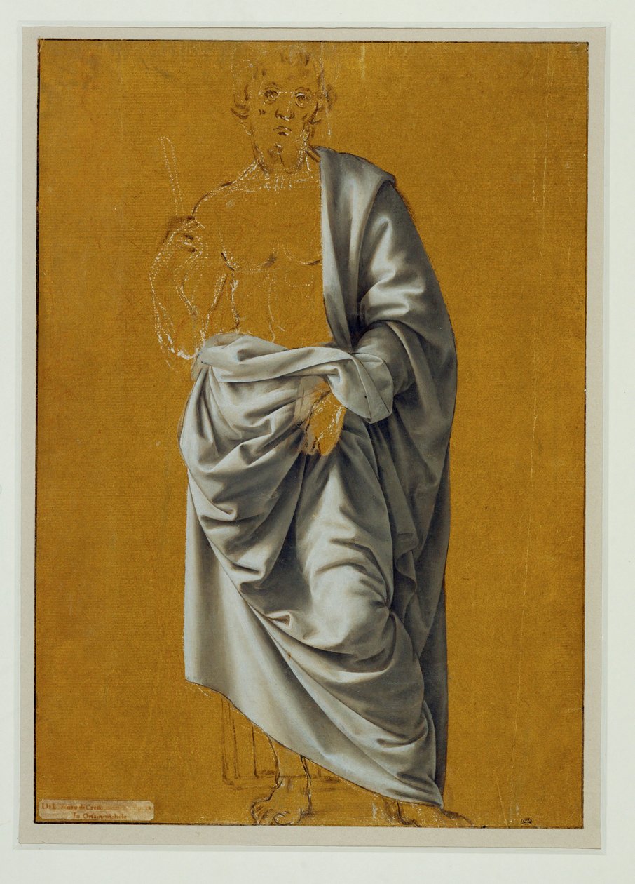 Studie av draperi för figuren av Sankt Bartolomeus ... av Lorenzo di Credi