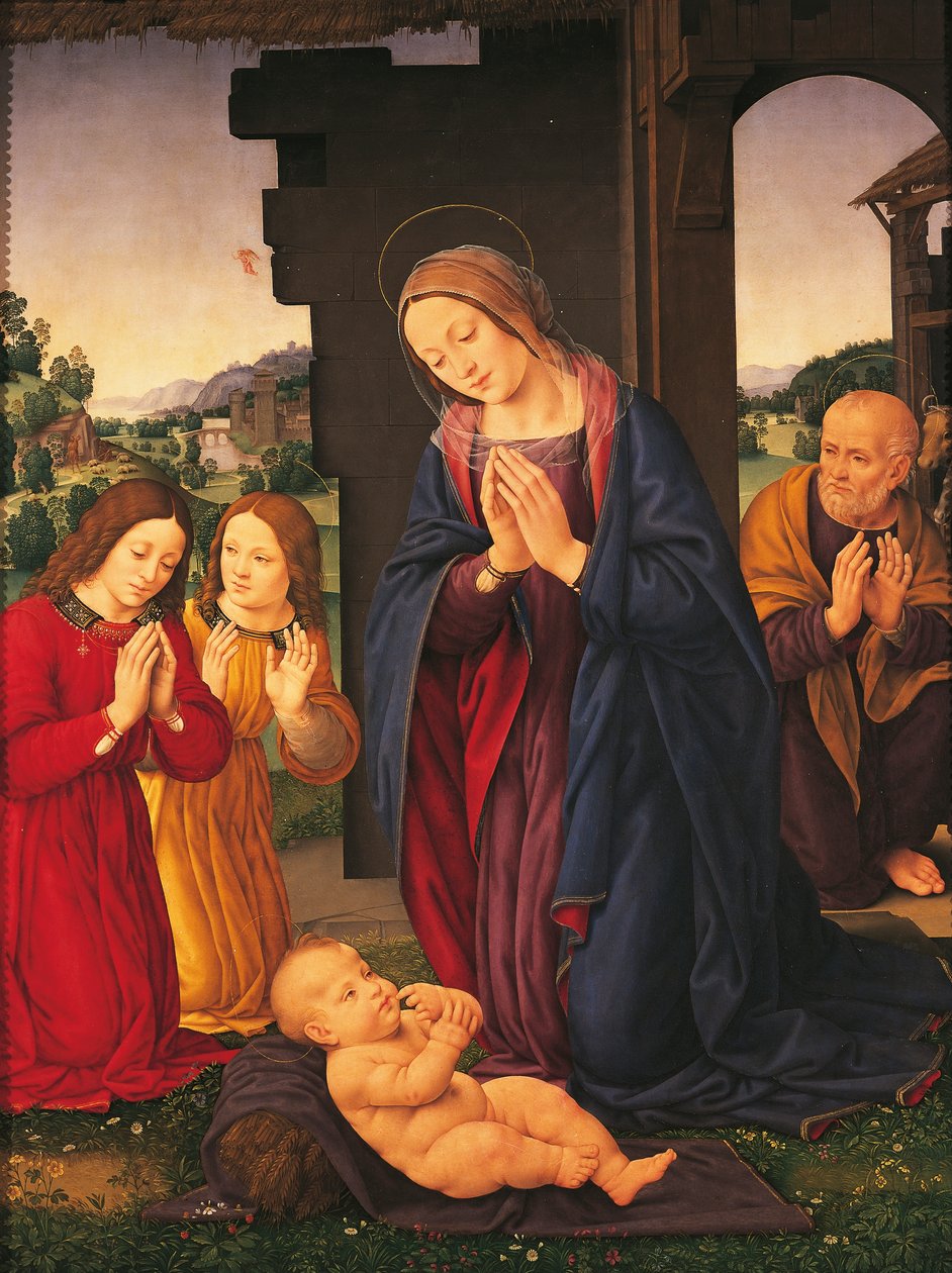 Tillbedjan av barnet och änglarna, av Lorenzo di Credi (1459-1536), tempera på duk av Lorenzo di Credi