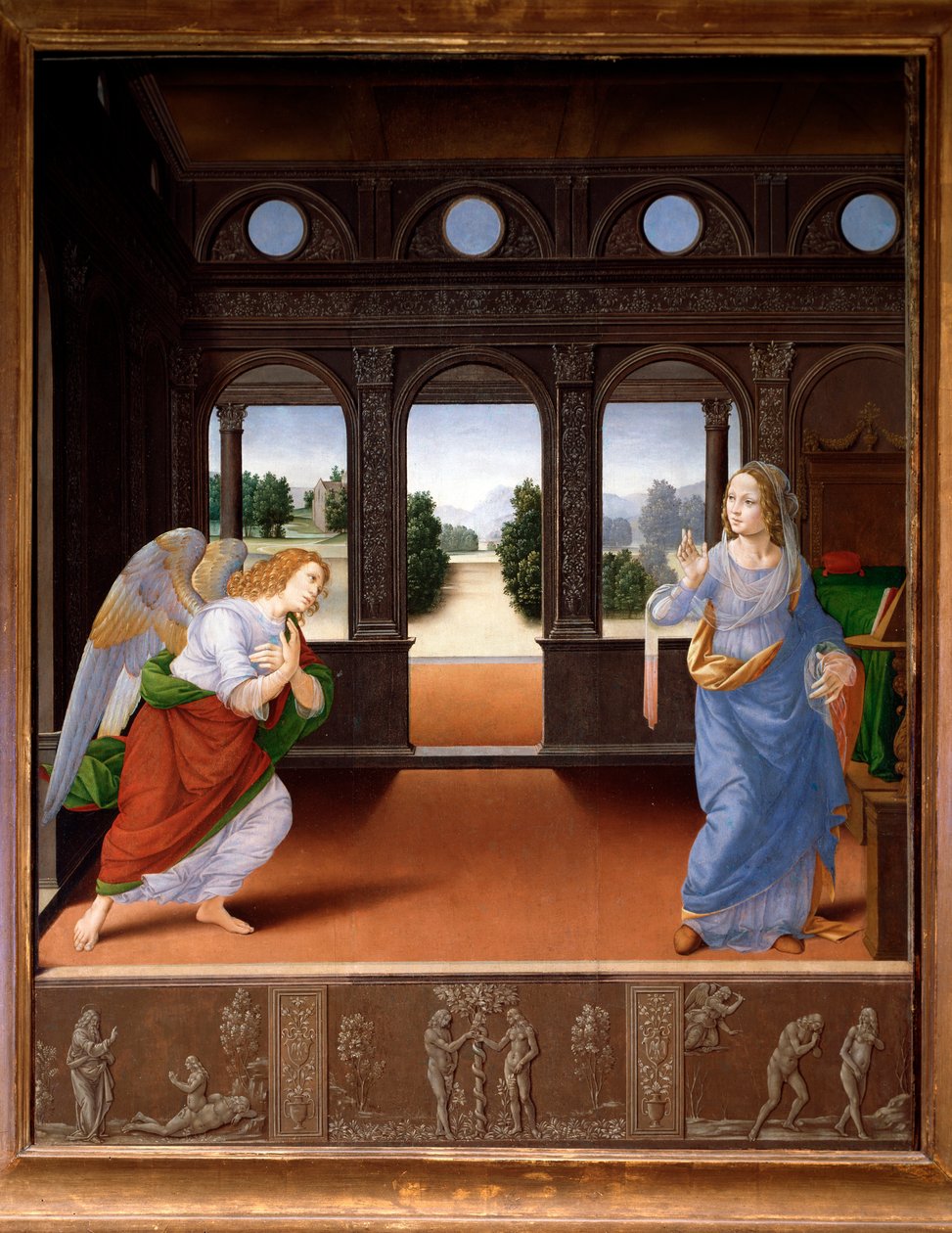 Bebådelsen och berättelsen om Adam och Eva - Olja på duk, c.1480 av Lorenzo di Credi