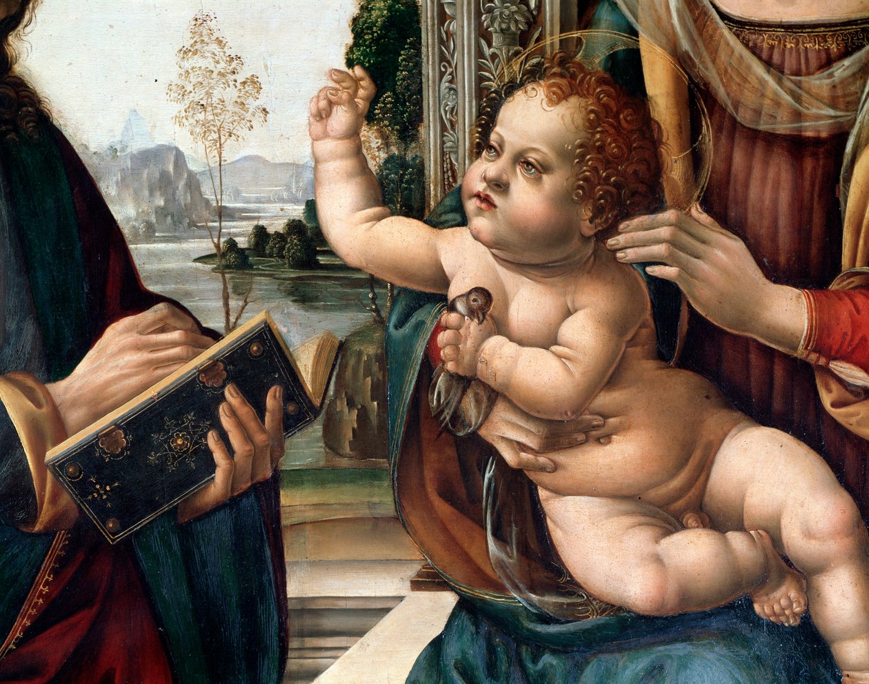 Jungfru med barn och två helgon, den helige Matteus och den helige Hieronymus (Jungfru med barnet och två helgon, den helige Matteus och den helige Hieronymus) Detaljmålning av Lorenzo di Credi (1459-1537) Florens, kyrkan santo Spirito Italien av Lorenzo di Credi