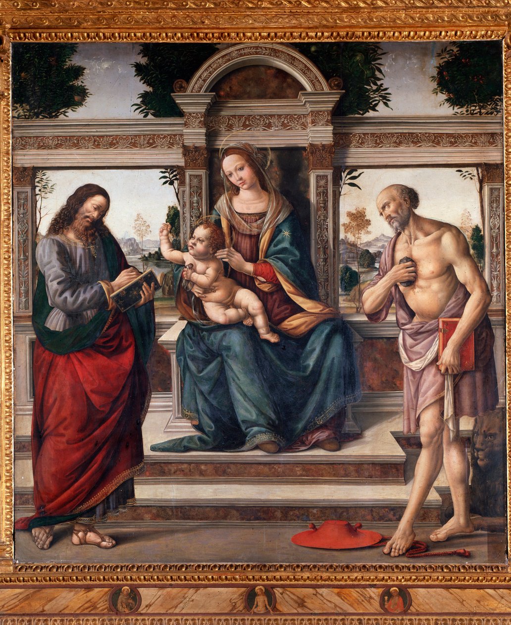 Jungfru med barn och två helgon, den helige Matteus och den helige Hieronymus Målning av Lorenzo di Credi (1459-1537) Florens, kyrkan santo Spirito Italien av Lorenzo di Credi