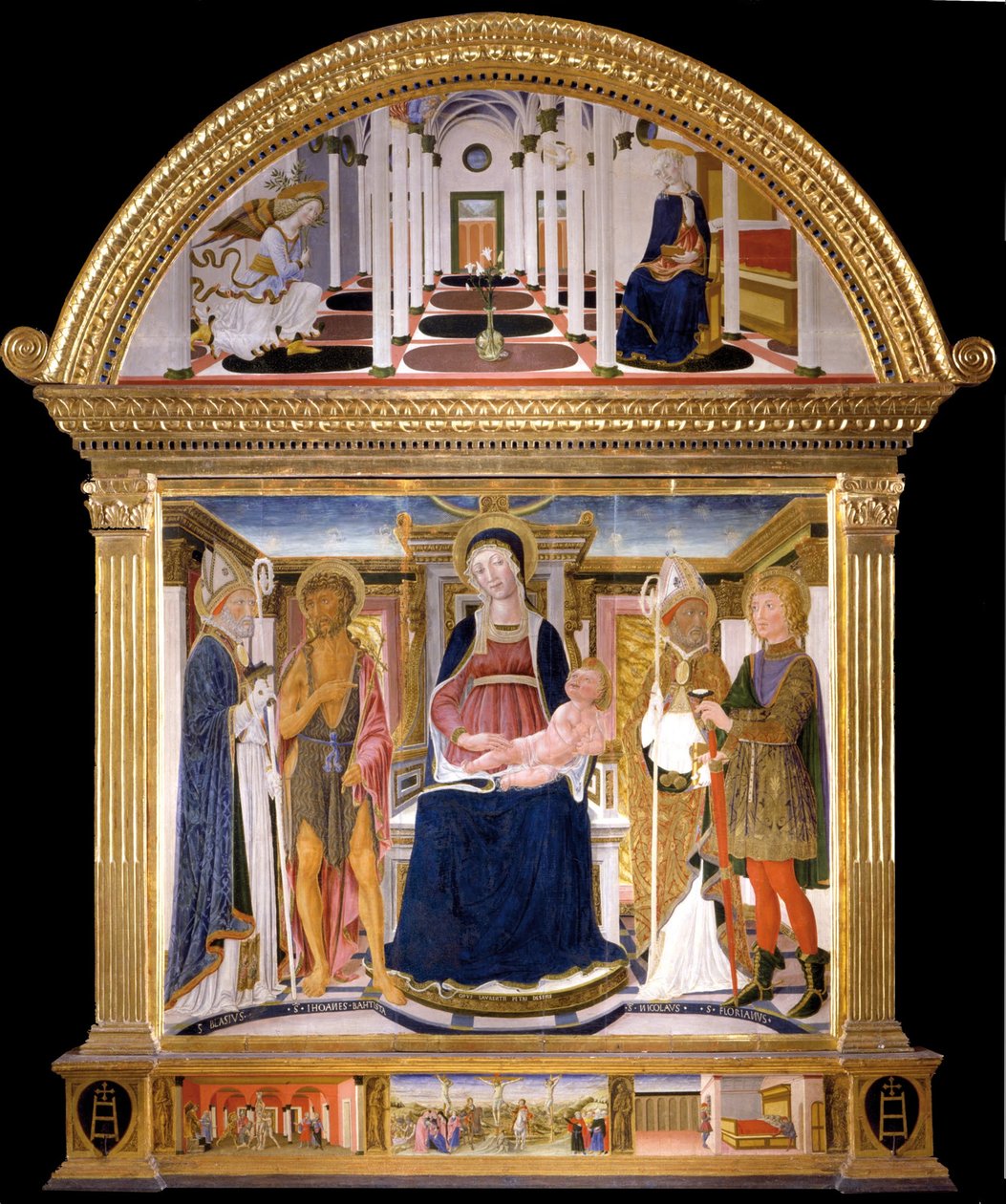 Madonna med barnet och de heliga Blaise, Johannes Döparen, Nicholas och Florian. Bebådelsen, 1462 av Lorenzo di Pietro