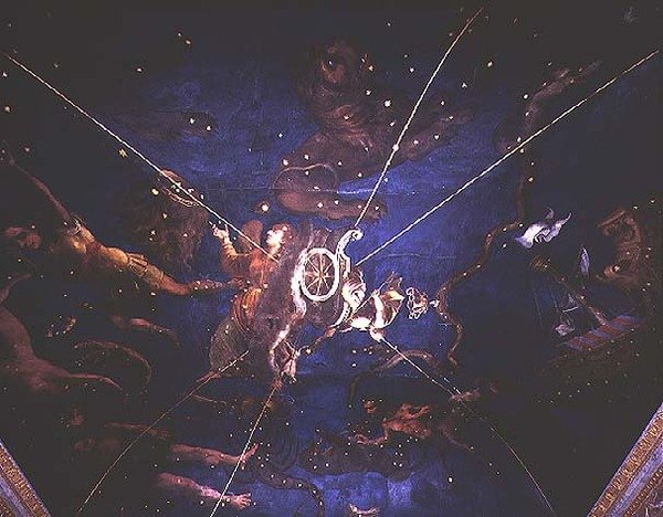 Gudinnan Diana i sin vagn omgiven av representationer av zodiakens tecken från Sala dello Zodiaco av Lorenzo the Younger Costa