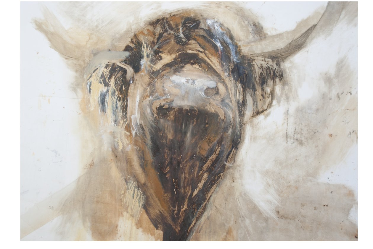La Vache,Cow, 2015,(olja och mixed media på gesso på papper) av Lou Gibbs