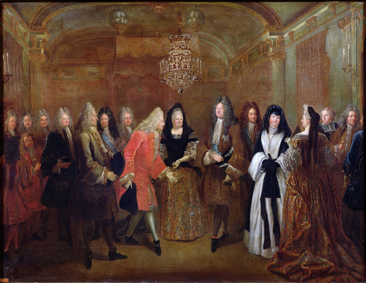 Ludvig XIV (1638-1715) välkomnar kurfursten av Sachsen, Fredrik Augustus II (1670-1733) till Fontainebleau, 27 september 1714, 1715 av Louis de Silvestre