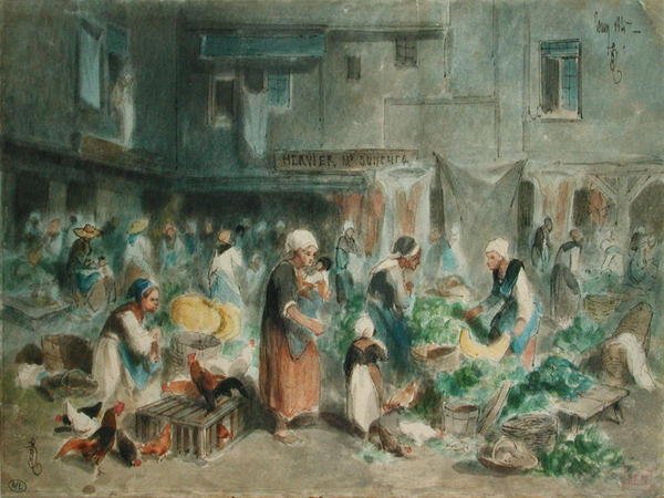 Marknad på torget, 1847 (penna & bläck och wc på papper) av Louis Adolphe Hervier