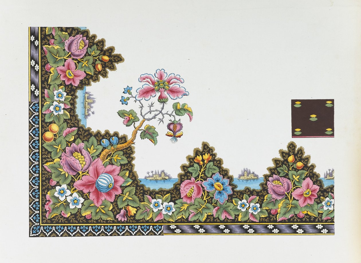 Design for a Printed Textile- Floral Border with Islands on a Lake av Louis Albert DuBois