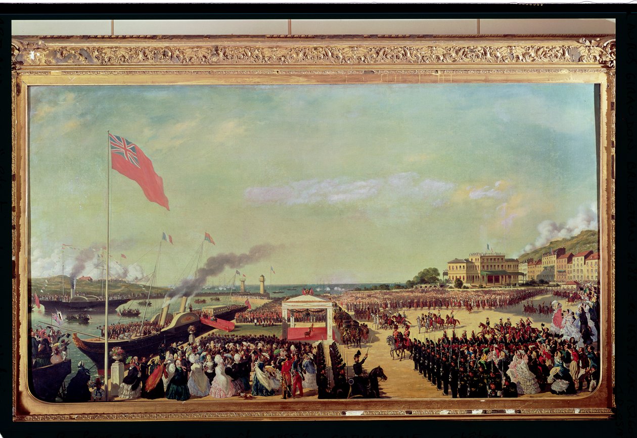 Napoleon III (1808-73) välkomnade drottning Victoria (1819-1901) vid hamnen i Boulogne, 18 augusti 1855, 1856 av Louis Armand