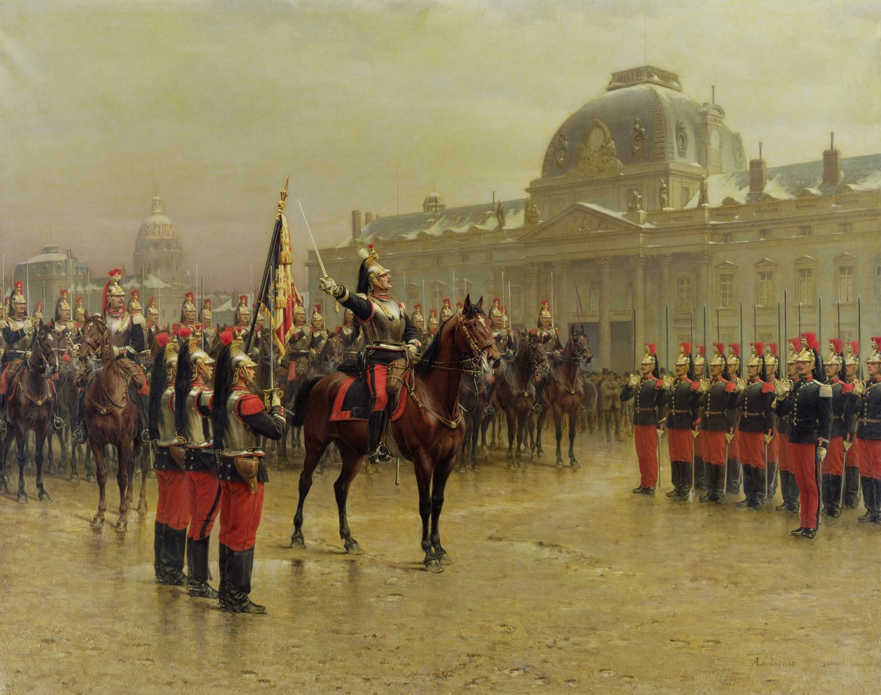 Överste de La Rochetulon presenterade för rekryterna av 6:e kavalleriet regementets standard i januari 1887, ca 1887 av Louis Auguste Georges Loustaunau