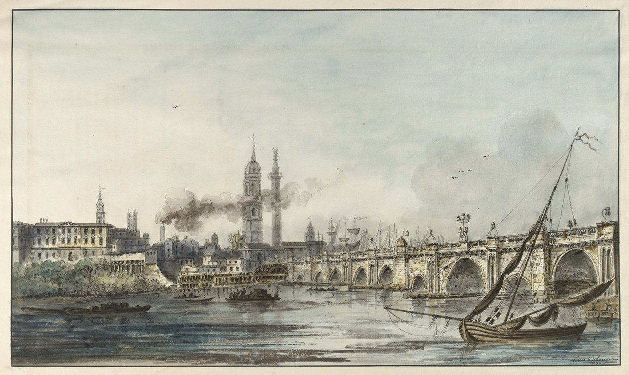 Utsikt över Themsen mot St Magnus-kyrkan och monumentet med London Bridge till höger (penna och svart bläck med akvarell och vit bodycolour på blekt gräddfärgat papper) av Louis Bélanger