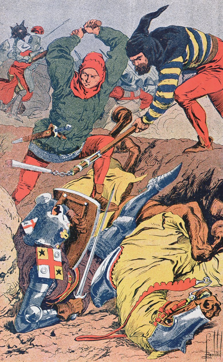 Flamländska medborgare som kämpar till fots besegrar de välbeväpnade och beridna franska riddarna i slaget vid de gyllene sporrarna nära Courtrai 1302, omkring 1900. av Louis Charles Bombled